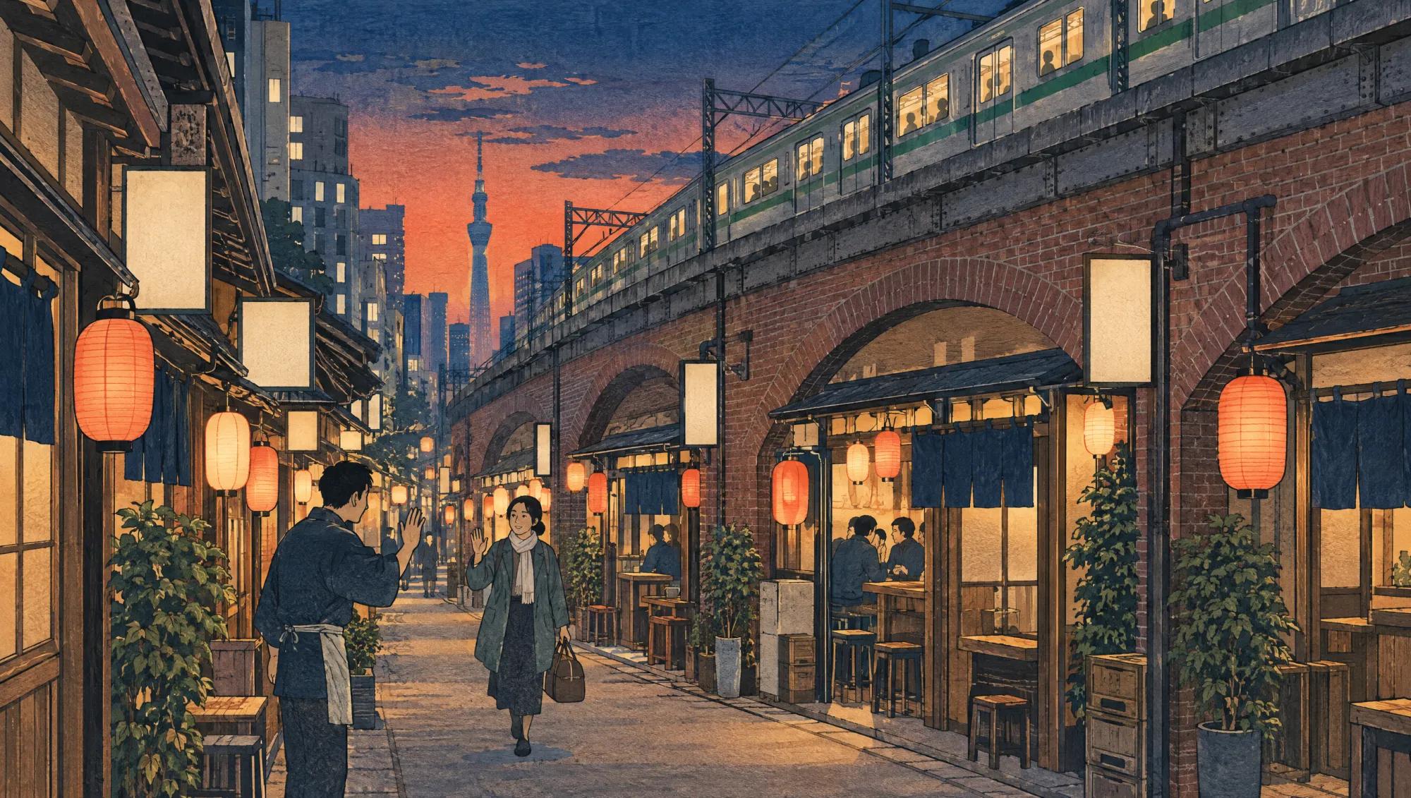 A woodblock print: a friend waves hello in a lantern-lit alley under Tokyo’s brick railway arches at dusk, a Yamanote train overhead and Skytree in the distance.
