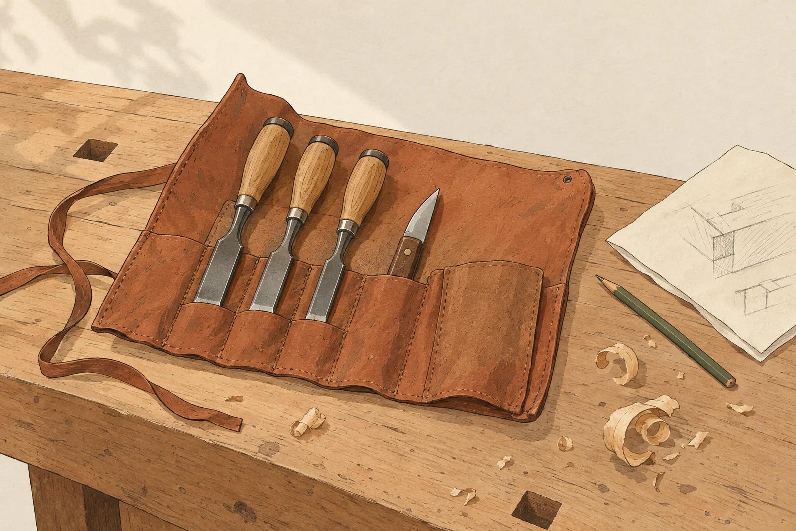 A leather tool roll open on a workbench, a few sharp chisels in its pockets and one pocket empty, a pencil and a folded sketch beside it.