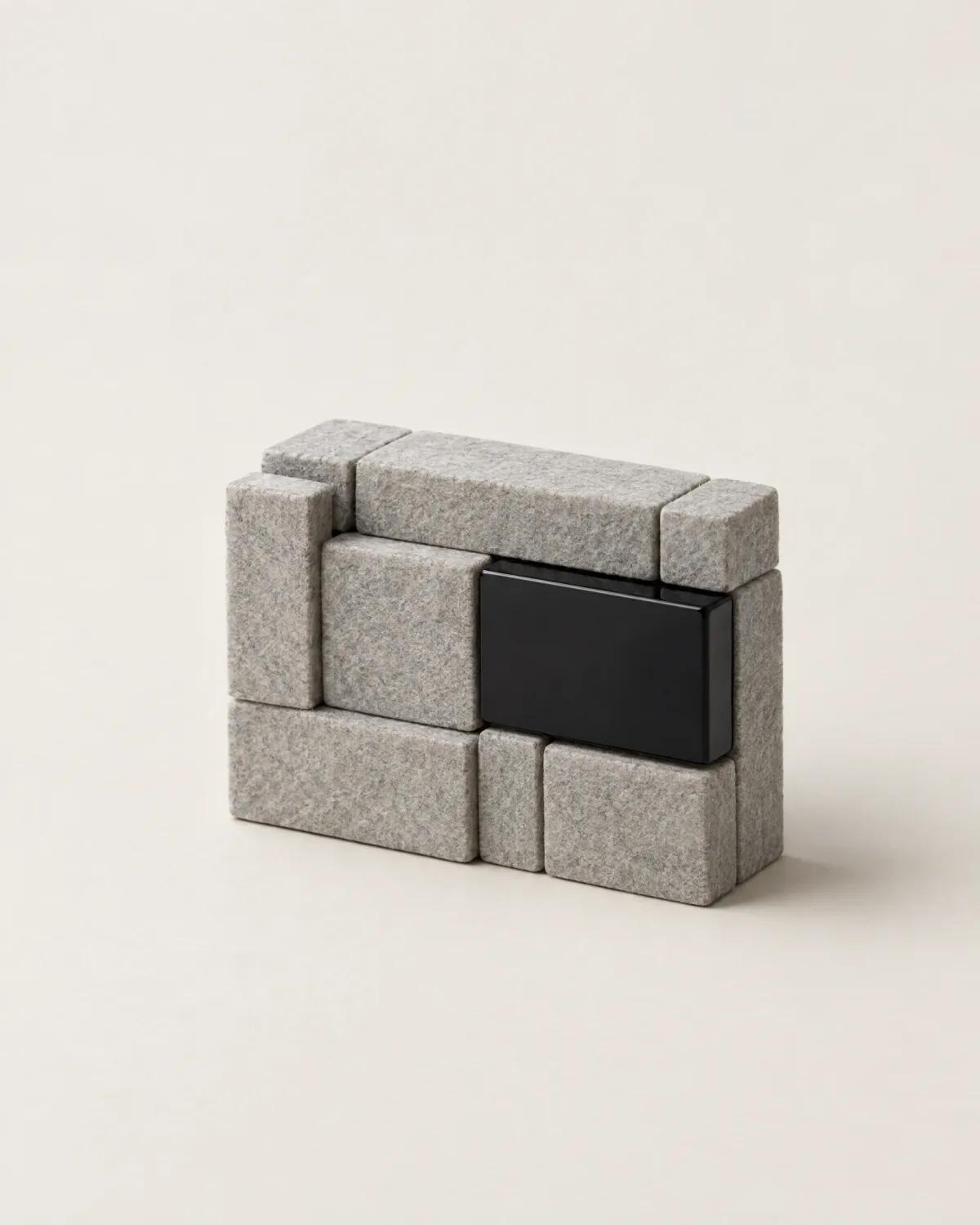 Grey felt blocks of many sizes fitted into a small wall, one block in glossy black.