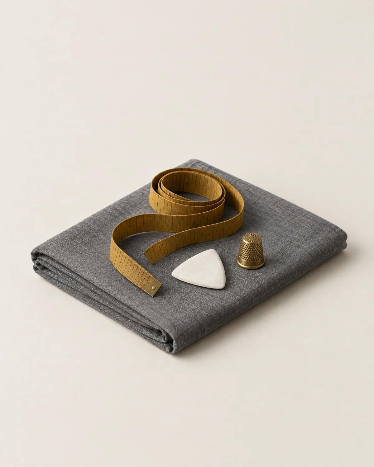 A tailor's tape, a triangle of chalk and a brass thimble on folded grey wool.