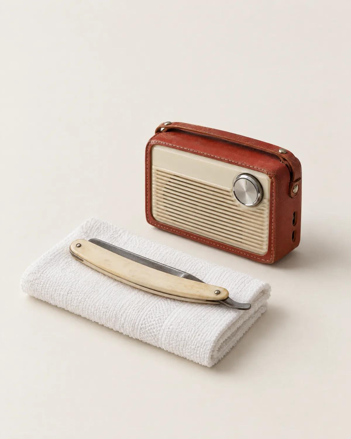 A 1960s transistor radio in a red leather case beside a straight razor on a folded towel.