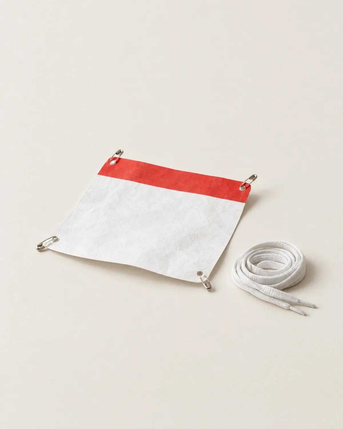 A blank race bib with a red band and four safety pins, a shoelace beside it.