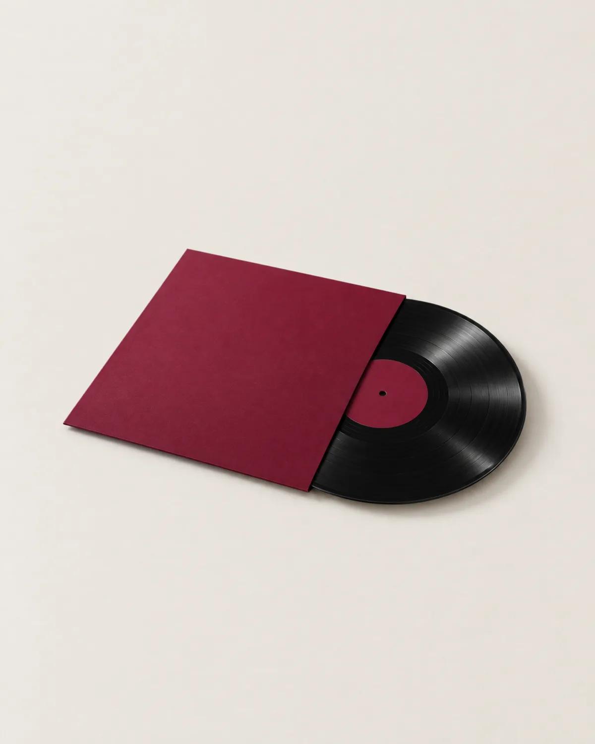 A black record sliding out of a plain burgundy sleeve.