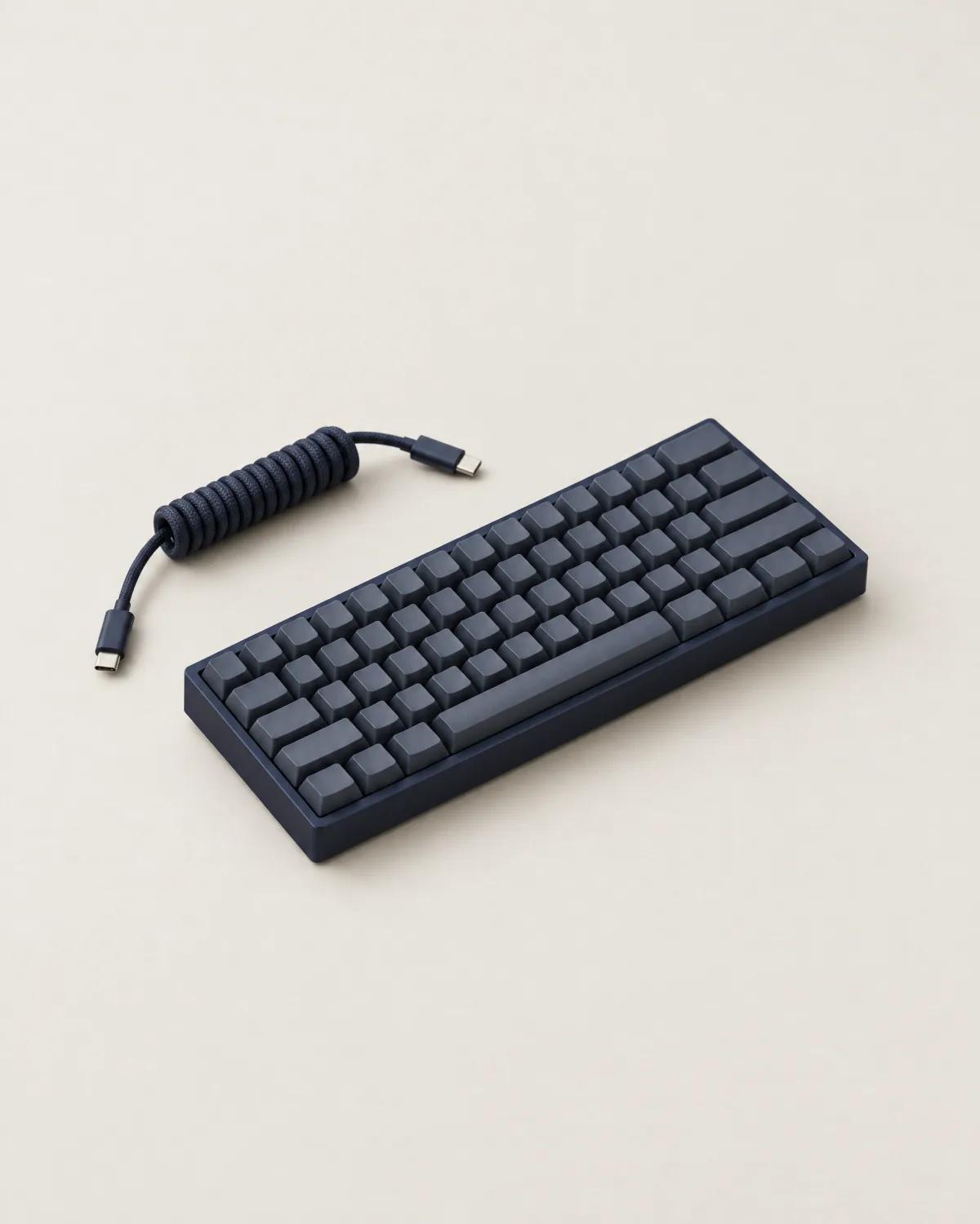 A compact keyboard with a slate navy case and blank keycaps.