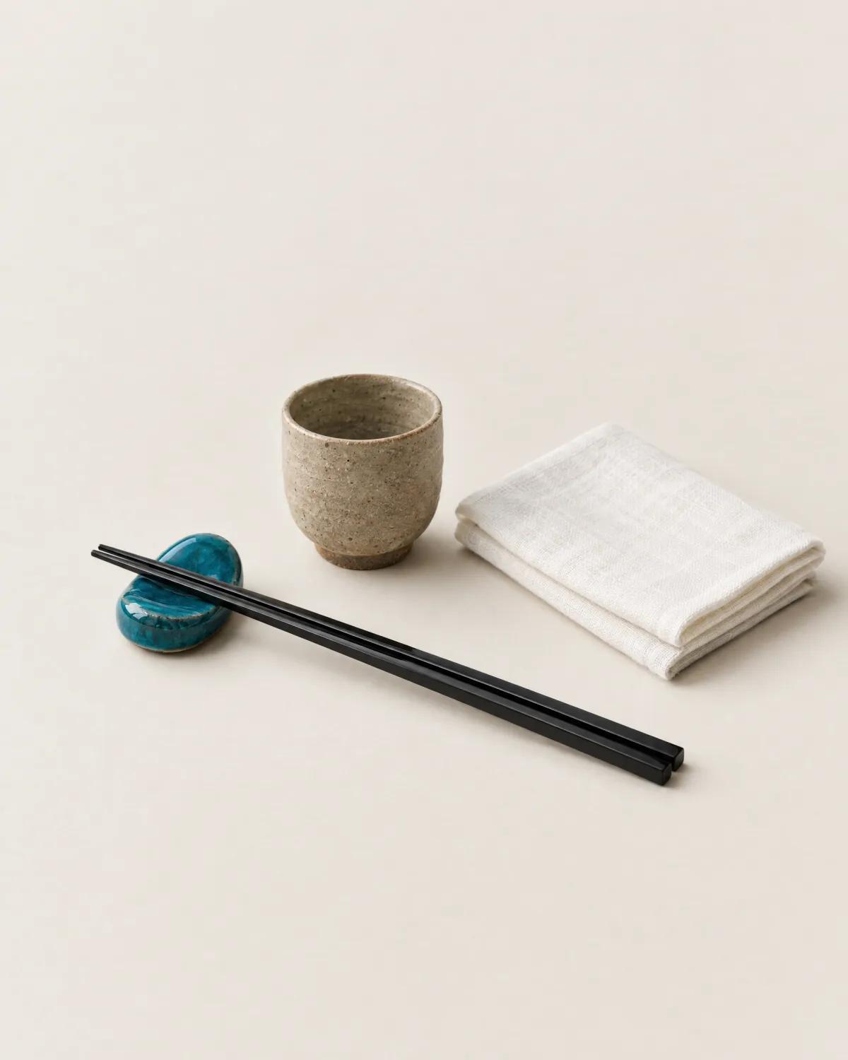 Black lacquered chopsticks on a teal ceramic rest, a stoneware cup and a linen napkin.