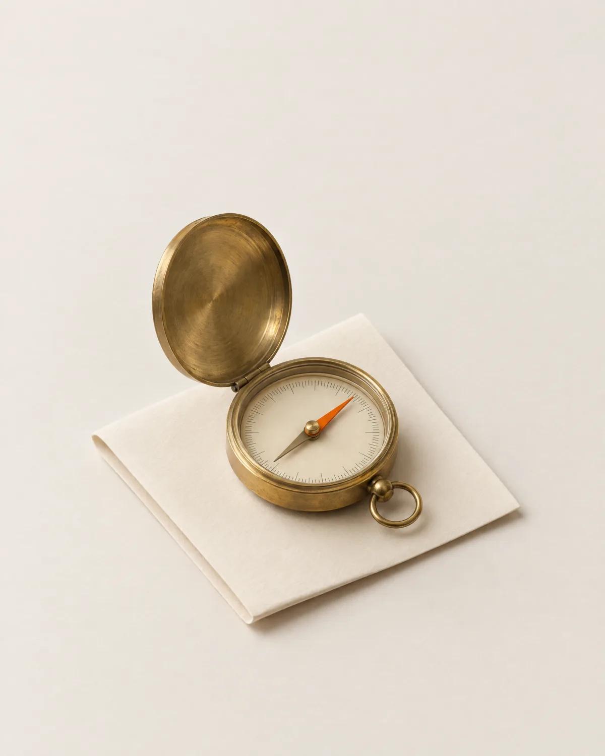 A brass pocket compass with an orange needle on a folded sheet of paper.