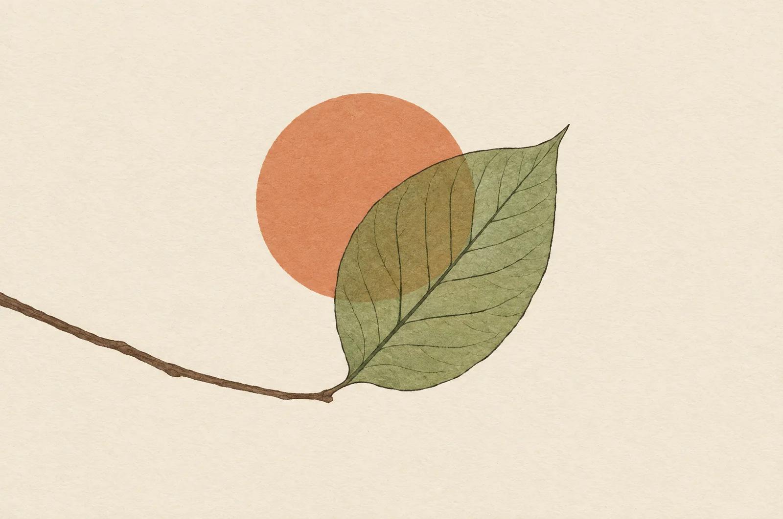 A single green leaf on a thin branch, with a pale sun behind it shining through its veins.