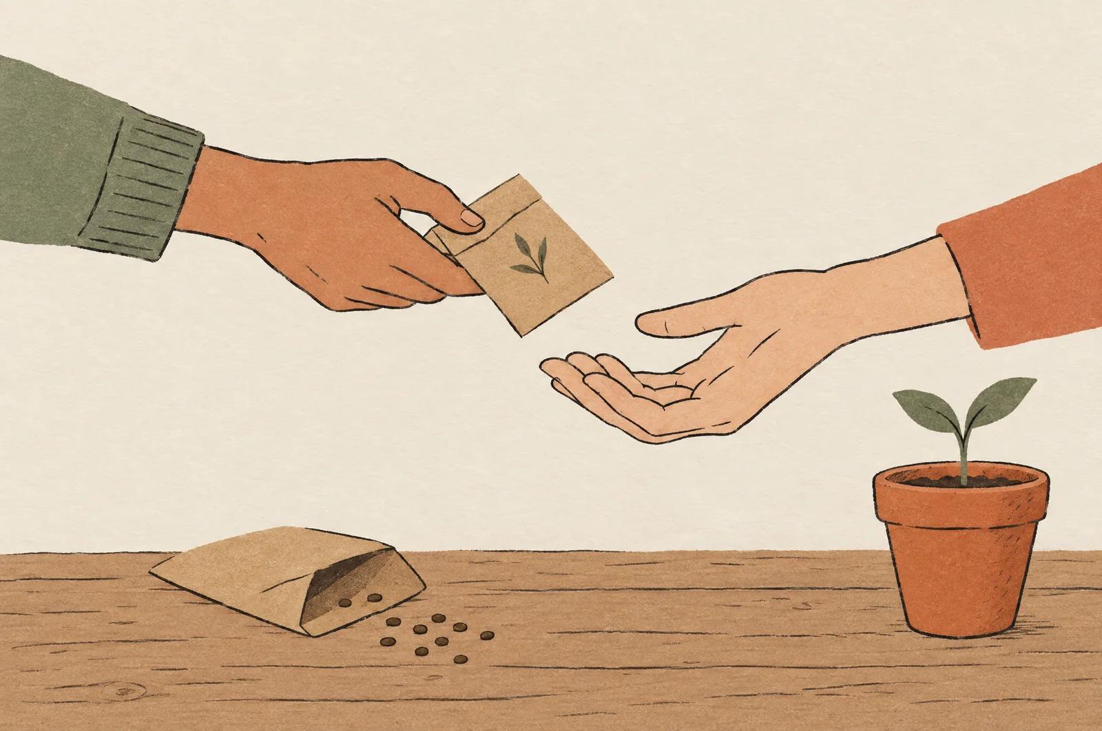 One hand passing a small paper seed packet to another open hand over a wooden table, with seeds spilled beside an envelope and a seedling in a pot.