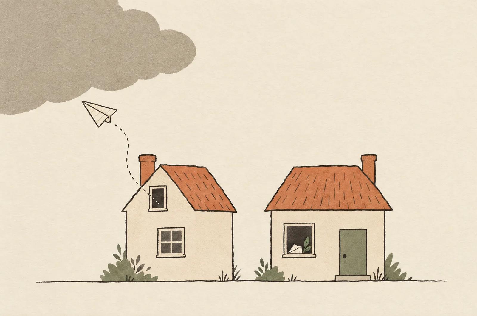 Two small houses. One sends its note as a paper plane toward a large cloud; the other keeps its note on the windowsill.